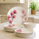 Comfy Homes Round Melamine 41 Pcs Dinner Set | 6 Dinner Plates, 6 Small Plates, 1 Serving Tray, 3 Big Serving Bowls with Lid, 12 Small Bowls, 6 Spoons, 4 Serving Spoons (Pink Blossom)-1