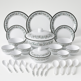 Comfy Homes Round Melamine 41 Pcs Dinner Set | 6 Dinner Plates, 6 Small Plates, 1 Serving Tray, 3 Big Serving Bowls with Lid, 12 Small Bowls, 6 Spoons, 4 Serving Spoons (Nizam Gold)