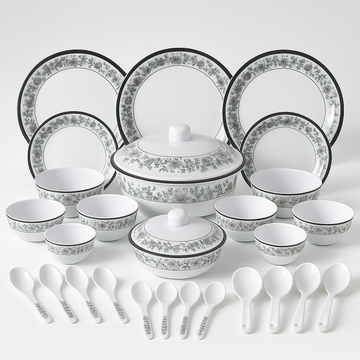 Comfy Homes Round Melamine 41 Pcs Dinner Set | 6 Dinner Plates, 6 Small Plates, 1 Serving Tray, 3 Big Serving Bowls with Lid, 12 Small Bowls, 6 Spoons, 4 Serving Spoons (Nizam Gold)