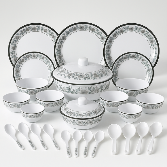 Comfy Homes Round Melamine 41 Pcs Dinner Set | 6 Dinner Plates, 6 Small Plates, 1 Serving Tray, 3 Big Serving Bowls with Lid, 12 Small Bowls, 6 Spoons, 4 Serving Spoons (Nizam Gold)