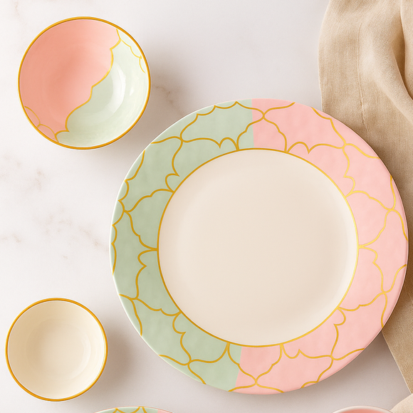 Comfy Homes Round Melamine 41 Pcs Dinner Set | 6 Dinner Plates, 6 Small Plates, 1 Serving Tray, 3 Big Serving Bowls with Lid, 12 Small Bowls, 6 Spoons, 4 Serving Spoons (The Nawabi Series)