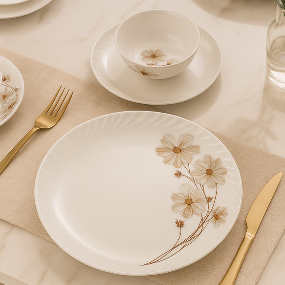 Comfy Homes Round Melamine 41 Pcs Dinner Set | 6 Dinner Plates, 6 Small Plates, 1 Serving Tray, 3 Big Serving Bowls with Lid, 12 Small Bowls, 6 Spoons, 4 Serving Spoons (Amber Grace)