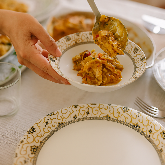 Comfy Homes Round Melamine 41 Pcs Dinner Set | 6 Dinner Plates, 6 Small Plates, 1 Serving Tray, 3 Big Serving Bowls with Lid, 12 Small Bowls, 6 Spoons, 4 Serving Spoons (Gulbahar Luxe)