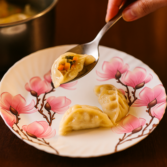 Comfy Homes Round Melamine 41 Pcs Dinner Set | 6 Dinner Plates, 6 Small Plates, 1 Serving Tray, 3 Big Serving Bowls with Lid, 12 Small Bowls, 6 Spoons, 4 Serving Spoons (Pink Blossom)