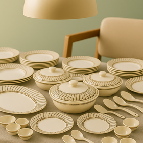 Comfy Homes Round Melamine 41 Pcs Dinner Set | 6 Dinner Plates, 6 Small Plates, 1 Serving Tray, 3 Big Serving Bowls with Lid, 12 Small Bowls, 6 Spoons, 4 Serving Spoons (Jasmine Glow)