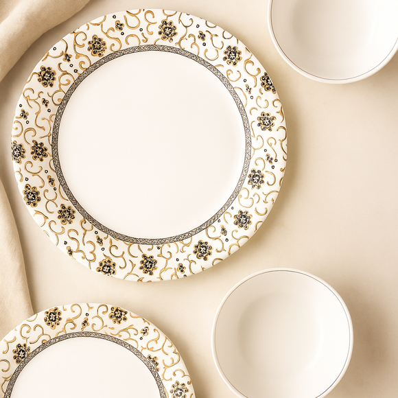 Comfy Homes Round Melamine 41 Pcs Dinner Set | 6 Dinner Plates, 6 Small Plates, 1 Serving Tray, 3 Big Serving Bowls with Lid, 12 Small Bowls, 6 Spoons, 4 Serving Spoons (Gulbahar Luxe)