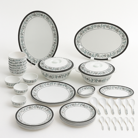 Comfy Homes Round Melamine 41 Pcs Dinner Set | 6 Dinner Plates, 6 Small Plates, 1 Serving Tray, 3 Big Serving Bowls with Lid, 12 Small Bowls, 6 Spoons, 4 Serving Spoons (Nizam Gold) - 0