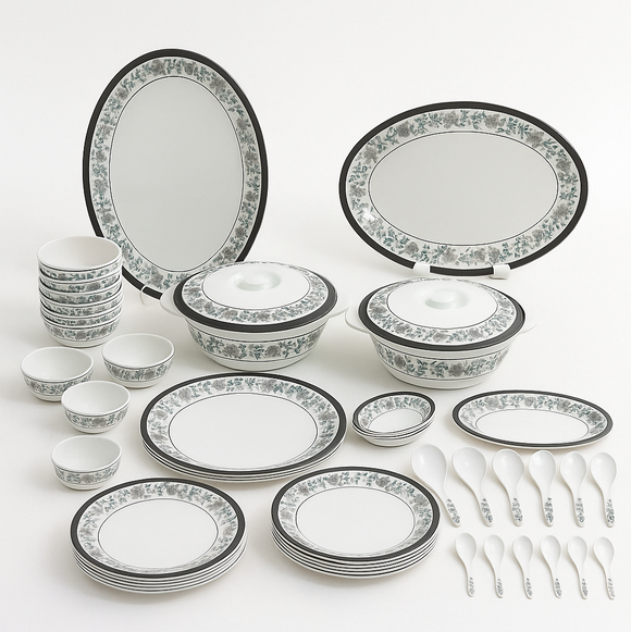 Comfy Homes Round Melamine 41 Pcs Dinner Set | 6 Dinner Plates, 6 Small Plates, 1 Serving Tray, 3 Big Serving Bowls with Lid, 12 Small Bowls, 6 Spoons, 4 Serving Spoons (Nizam Gold)