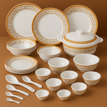 Comfy Homes Round Melamine 41 Pcs Dinner Set | 6 Dinner Plates, 6 Small Plates, 1 Serving Tray, 3 Big Serving Bowls with Lid, 12 Small Bowls, 6 Spoons, 4 Serving Spoons (Kesar Bloom)