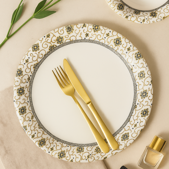 Comfy Homes Round Melamine 41 Pcs Dinner Set | 6 Dinner Plates, 6 Small Plates, 1 Serving Tray, 3 Big Serving Bowls with Lid, 12 Small Bowls, 6 Spoons, 4 Serving Spoons (Gulbahar Luxe)