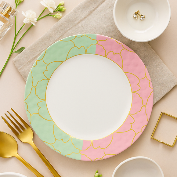 Comfy Homes Round Melamine 41 Pcs Dinner Set | 6 Dinner Plates, 6 Small Plates, 1 Serving Tray, 3 Big Serving Bowls with Lid, 12 Small Bowls, 6 Spoons, 4 Serving Spoons (The Nawabi Series)