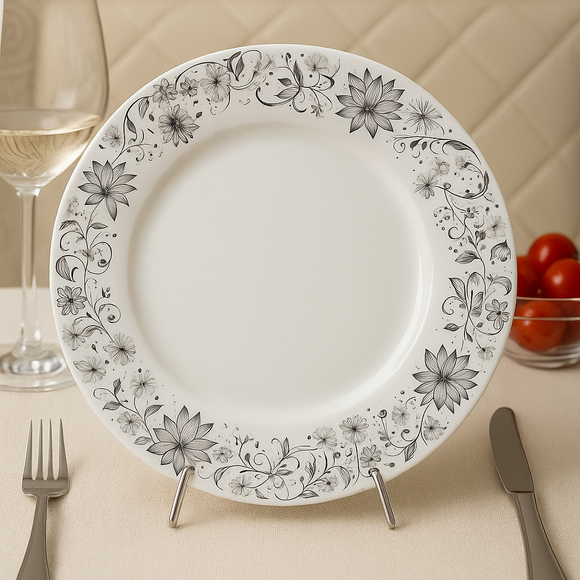 Comfy Homes Round Melamine 41 Pcs Floral Dinner Set | 6 Dinner Plates, 6 Small Plates, 1 Serving Tray, 3 Big Serving Bowls with Lid, 12 Small Bowls, 6 Spoons, 4 Serving Spoons (Royal Black)