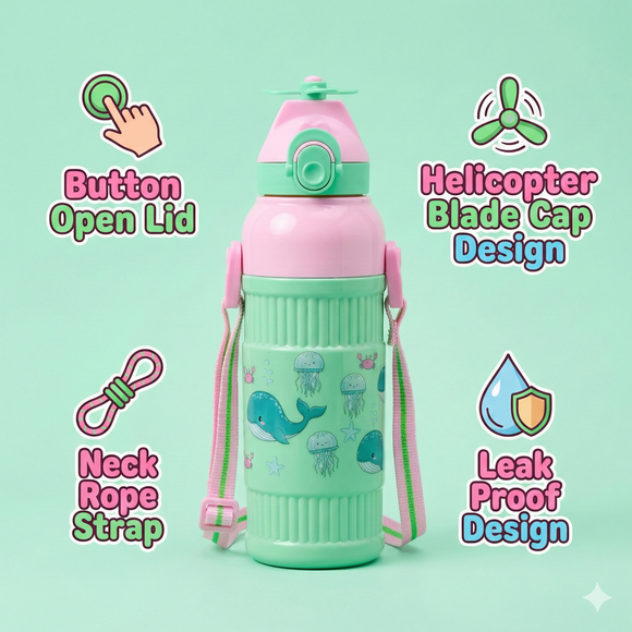 Kids Smart Sipper Bottle with Button-Open Lid, Neck Strap & Helicopter Cap Design (Green Dolphin)