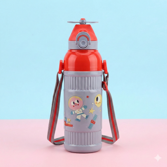 Kids Smart Sipper Bottle with Button-Open Lid, Neck Strap & Helicopter Cap Design (Mr Aerospace)