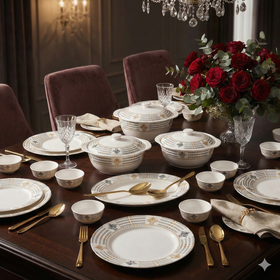 40 Pcs Melamine Dinner Set | Round Design with Dinner Plates, Small Plates, Serving Tray, Bowls with Lids, Spoons & Serving Spoons | Unbreakable & Lightweight Dinnerware (Royal Magic)