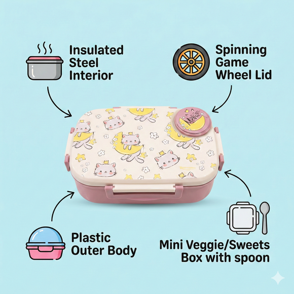 Insulated Steel Lunch Box 500ml with Sweet Box & Spoon | Leak-Proof Kids Tiffin | Hot & Fresh Meals On-the-Go (Blue Cricketer)