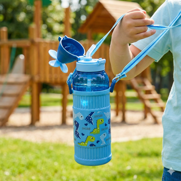 Kids Smart Sipper Bottle with Button-Open Lid, Neck Strap & Helicopter Cap Design (Blue Dinosaur)