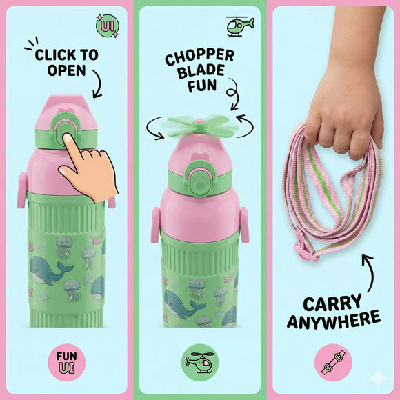 Kids Smart Sipper Bottle with Button-Open Lid, Neck Strap & Helicopter Cap Design (Green Dolphin)