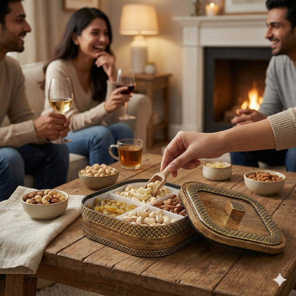 Comfy Homes Revolving Dry Fruit & Snack Storage Box | 4-Section Multi-Purpose Container | Square Shape Dry Food Organizer, Serving Platter & Gift Box for Home & Festive Use (Prestige)