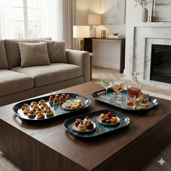 Comfy Homes™ Premium Multi-Purpose Melamine Tray Set (Set of 3)(Small, Medium & Large) (Blue Orchid)