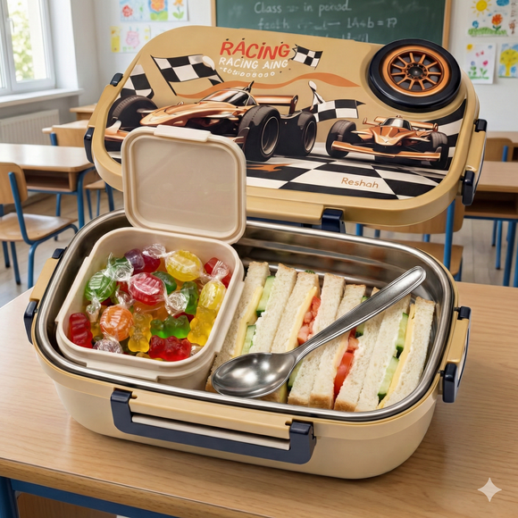 Insulated Steel Lunch Box 500ml with Sweet Box & Spoon | Leak-Proof Kids Tiffin | Hot & Fresh Meals On-the-Go (Yellow Racer)