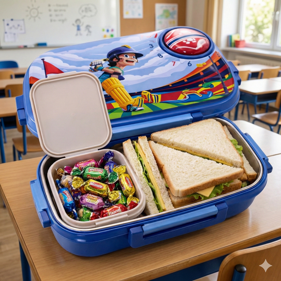 Insulated Steel Lunch Box 500ml with Sweet Box & Spoon | Leak-Proof Kids Tiffin | Hot & Fresh Meals On-the-Go (Blue Cricketer)