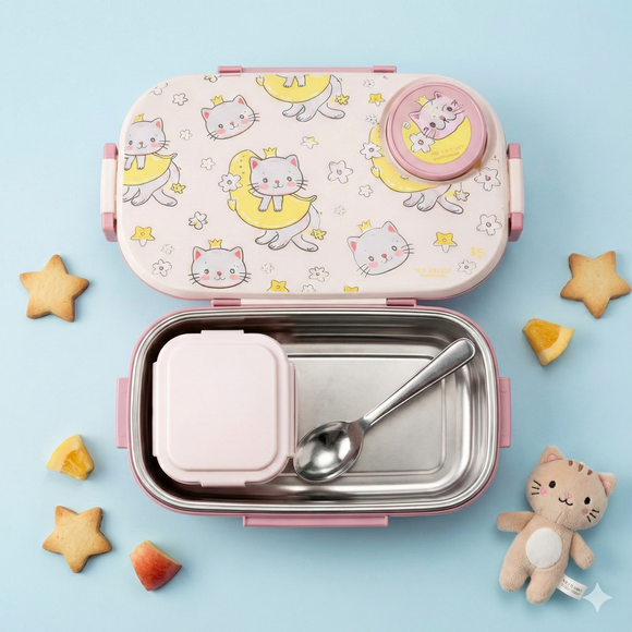 Insulated Steel Lunch Box 500ml with Sweet Box & Spoon | Leak-Proof Kids Tiffin | Hot & Fresh Meals On-the-Go (Pinky Cat)