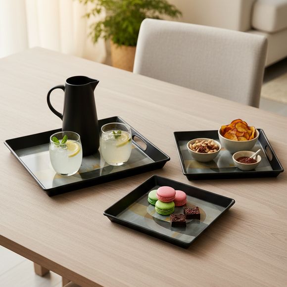 Comfy Homes™ Premium Multi-Purpose Melamine Tray Set (Set of 3)(Small, Medium & Large) (Illusionary White)