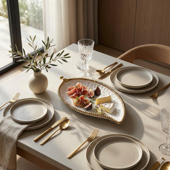 Comfy Homes 12-Inch Ceramic Serving Platter with Golden Rim – Elegant Luxury Tableware for Hosting & Décor