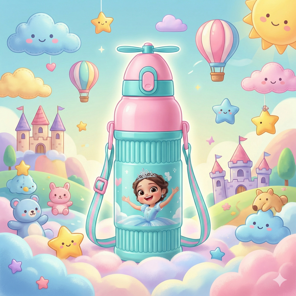 Kids Smart Sipper Bottle with Button-Open Lid, Neck Strap & Helicopter Cap Design (Princess Edition)