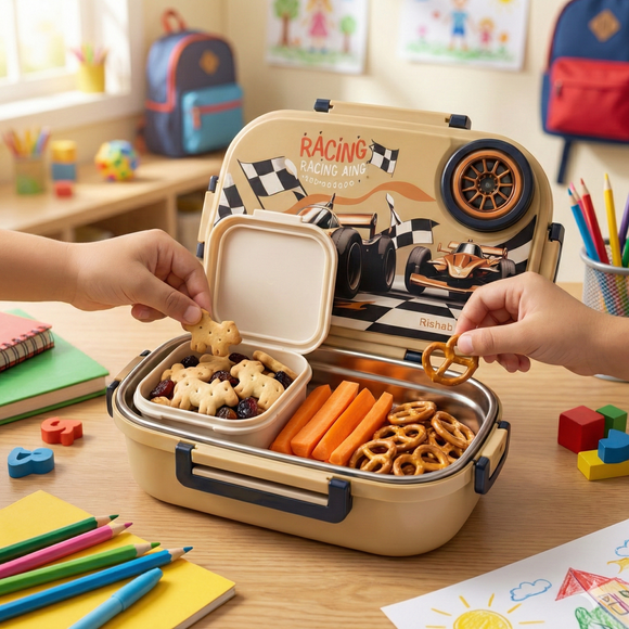 Insulated Steel Lunch Box 500ml with Sweet Box & Spoon | Leak-Proof Kids Tiffin | Hot & Fresh Meals On-the-Go (Yellow Racer)