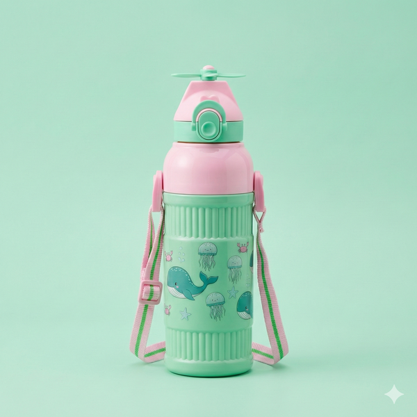 Kids Smart Sipper Bottle with Button-Open Lid, Neck Strap & Helicopter Cap Design (Green Dolphin)