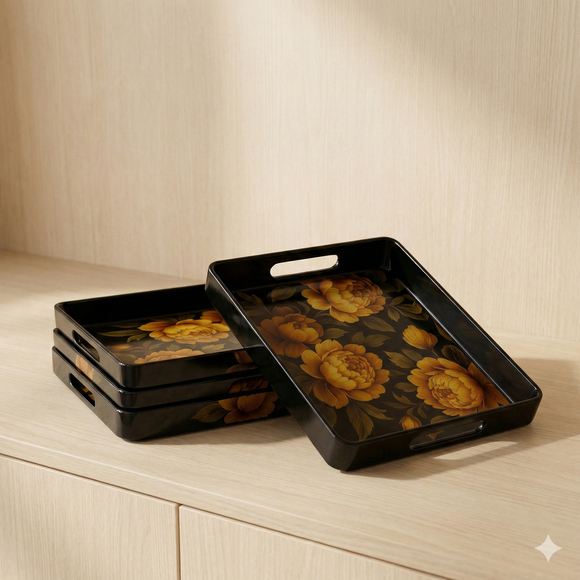 Comfy Homes™ Premium Multi-Purpose Melamine Tray Set (Set of 2)Medium & Large) (Yellow Lotus)