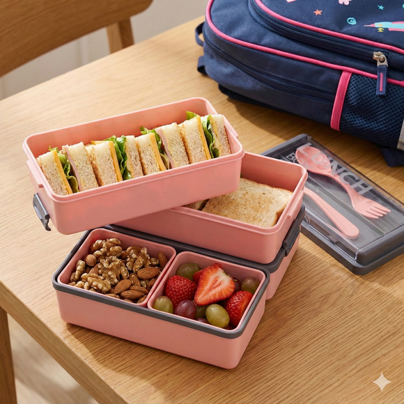 Comfy Homes Stackable Plastic Tiffin Box Set – 5-Piece Food-Grade Lunch Box for School, Office & Travel (Pink)