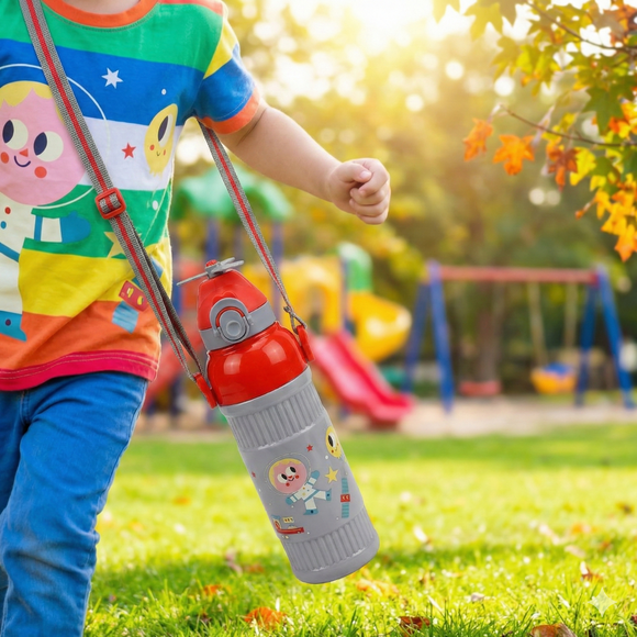Kids Smart Sipper Bottle with Button-Open Lid, Neck Strap & Helicopter Cap Design (Mr Aerospace)