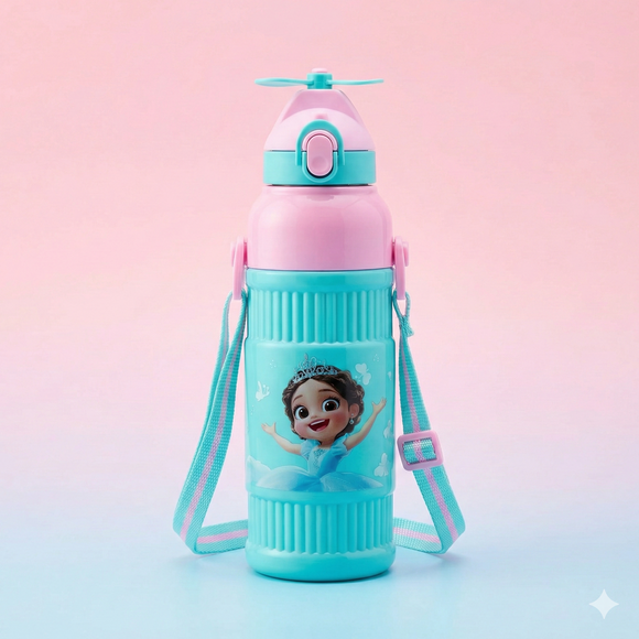 Kids Smart Sipper Bottle with Button-Open Lid, Neck Strap & Helicopter Cap Design (Princess Edition)