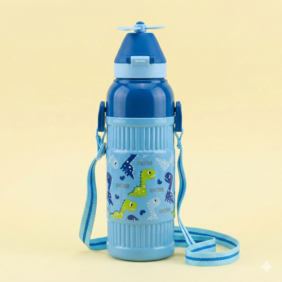 Kids Smart Sipper Bottle with Button-Open Lid, Neck Strap & Helicopter Cap Design (Blue Dinosaur)