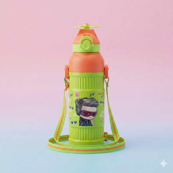 Kids Smart Sipper Bottle with Button-Open Lid, Neck Strap & Helicopter Cap Design (Green Rockstar)
