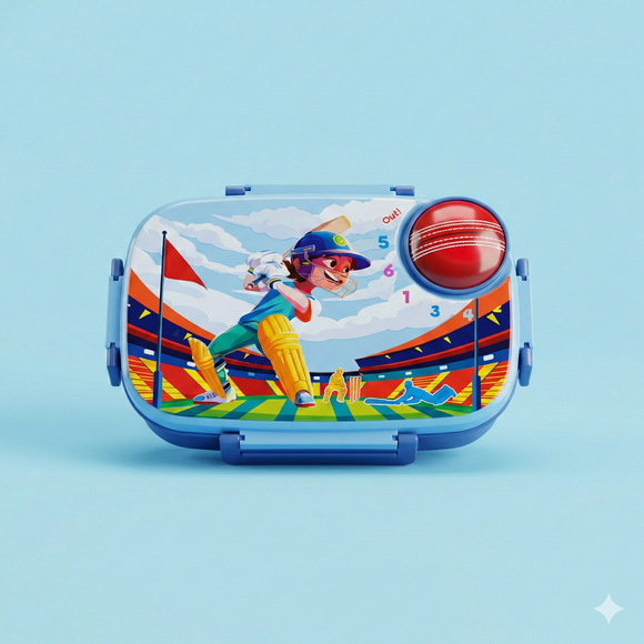 Insulated Steel Lunch Box 500ml with Sweet Box & Spoon | Leak-Proof Kids Tiffin | Hot & Fresh Meals On-the-Go (Blue Cricketer)