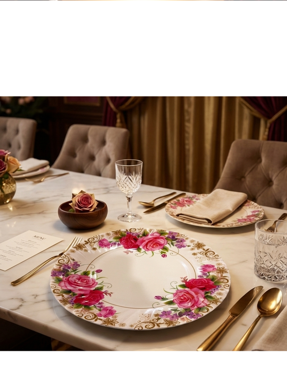 Comfy Homes 24 Pcs Lightweight Dinner Set | Round Design with Dinner Plates, Small Plates, Serving Tray, Bowls with Lids, Spoons & Serving Spoons | Unbreakable & Lightweight Dinnerware (Floral Bloom)