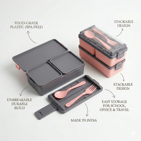 Comfy Homes Stackable Plastic Tiffin Box Set – 5-Piece Food-Grade Lunch Box for School, Office & Travel (Pink)