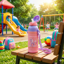 Kids Smart Sipper Bottle with Button-Open Lid, Neck Strap & Helicopter Cap Design (Pink Fairy)-3