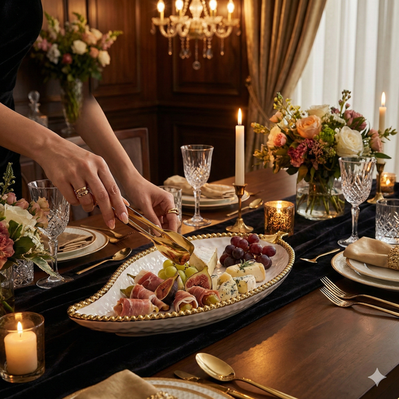 Comfy Homes 12-Inch Ceramic Serving Platter with Golden Rim – Elegant Luxury Tableware for Hosting & Décor