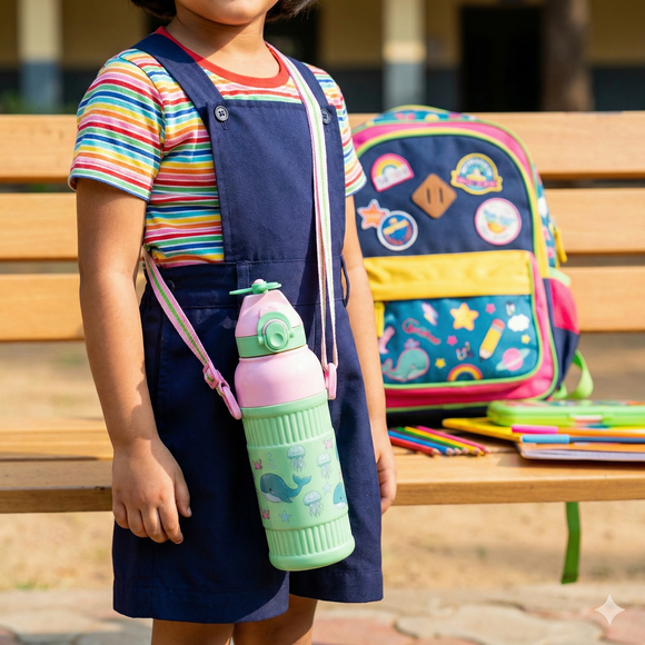 Kids Smart Sipper Bottle with Button-Open Lid, Neck Strap & Helicopter Cap Design (Green Dolphin)
