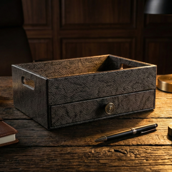 The Triad Collection: Handcrafted Vegan Leather Desk Organizer - 5 Slot (Marble Grey)