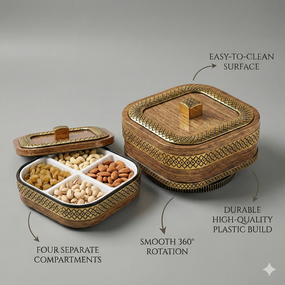 Comfy Homes Revolving Dry Fruit & Snack Storage Box | 4-Section Multi-Purpose Container | Square Shape Dry Food Organizer, Serving Platter & Gift Box for Home & Festive Use (Prestige)