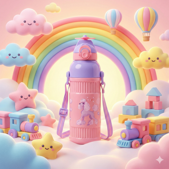 Kids Smart Sipper Bottle with Button-Open Lid, Neck Strap & Helicopter Cap Design (Pink Fairy)