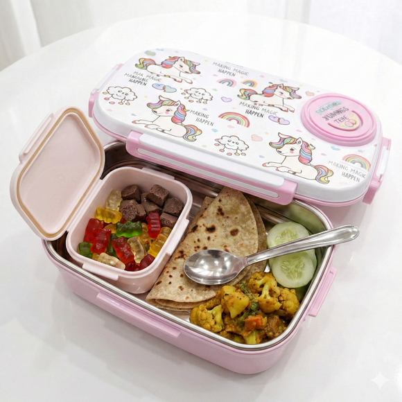 Insulated Steel Lunch Box 500ml with Sweet Box & Spoon | Leak-Proof Kids Tiffin | Hot & Fresh Meals On-the-Go (White Unicorn)