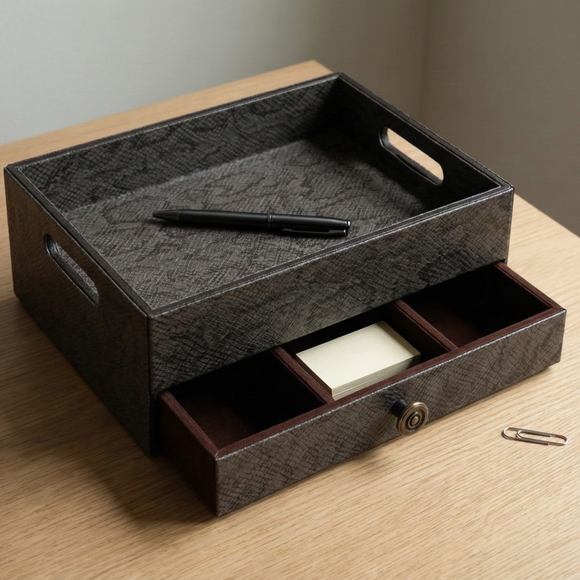 The Triad Collection: Handcrafted Vegan Leather Desk Organizer - 3 Slot (Marble Grey)