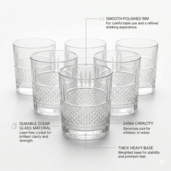 Comfy Homes Signature 340ml Whiskey & Water Glasses – Luxury Heavy-Base Crystal Clear Barware Set (Set of 6) (Heritage Reserve)